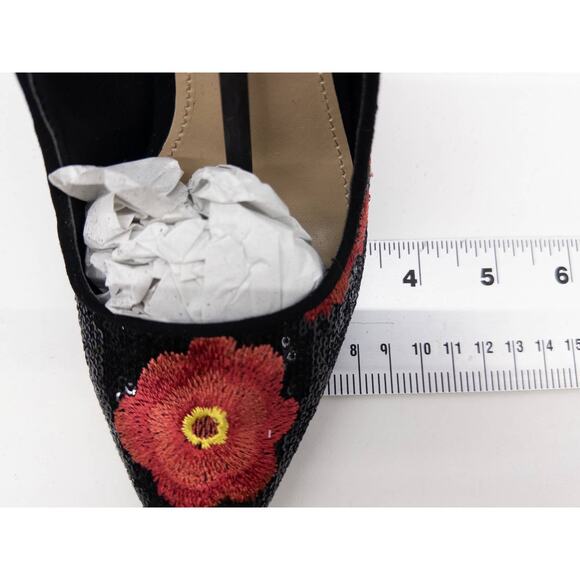 JustFab Black Sequin Red Floral Embroidered Pointed Toe Stiletto High Heels 6 - Picture 14 of 14